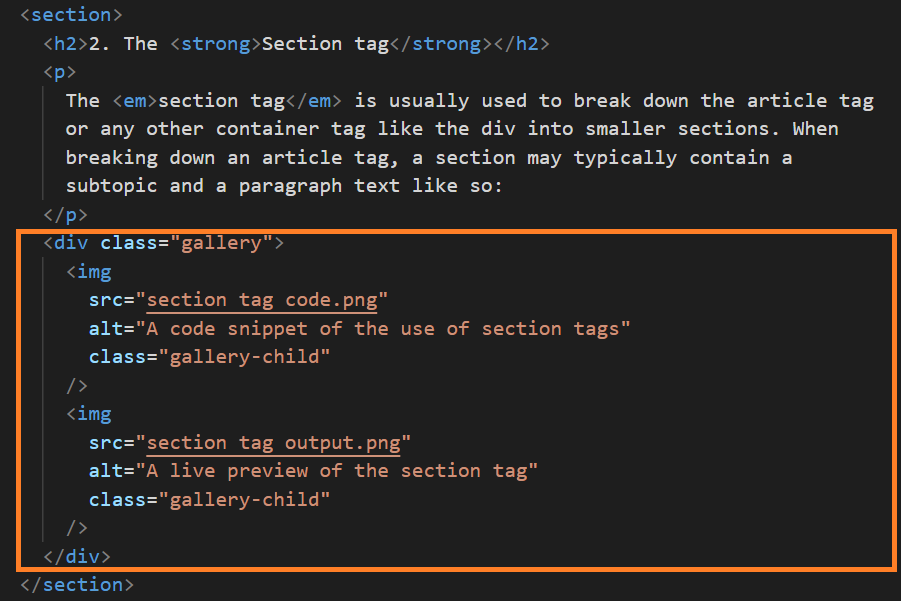 A code snippet of the use of div tags